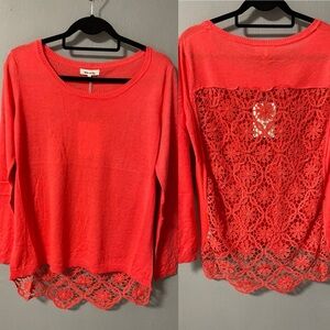 NWT Miracle Pink Crochet Back Long Sleeves Thin Knit Sweater. Size S/M